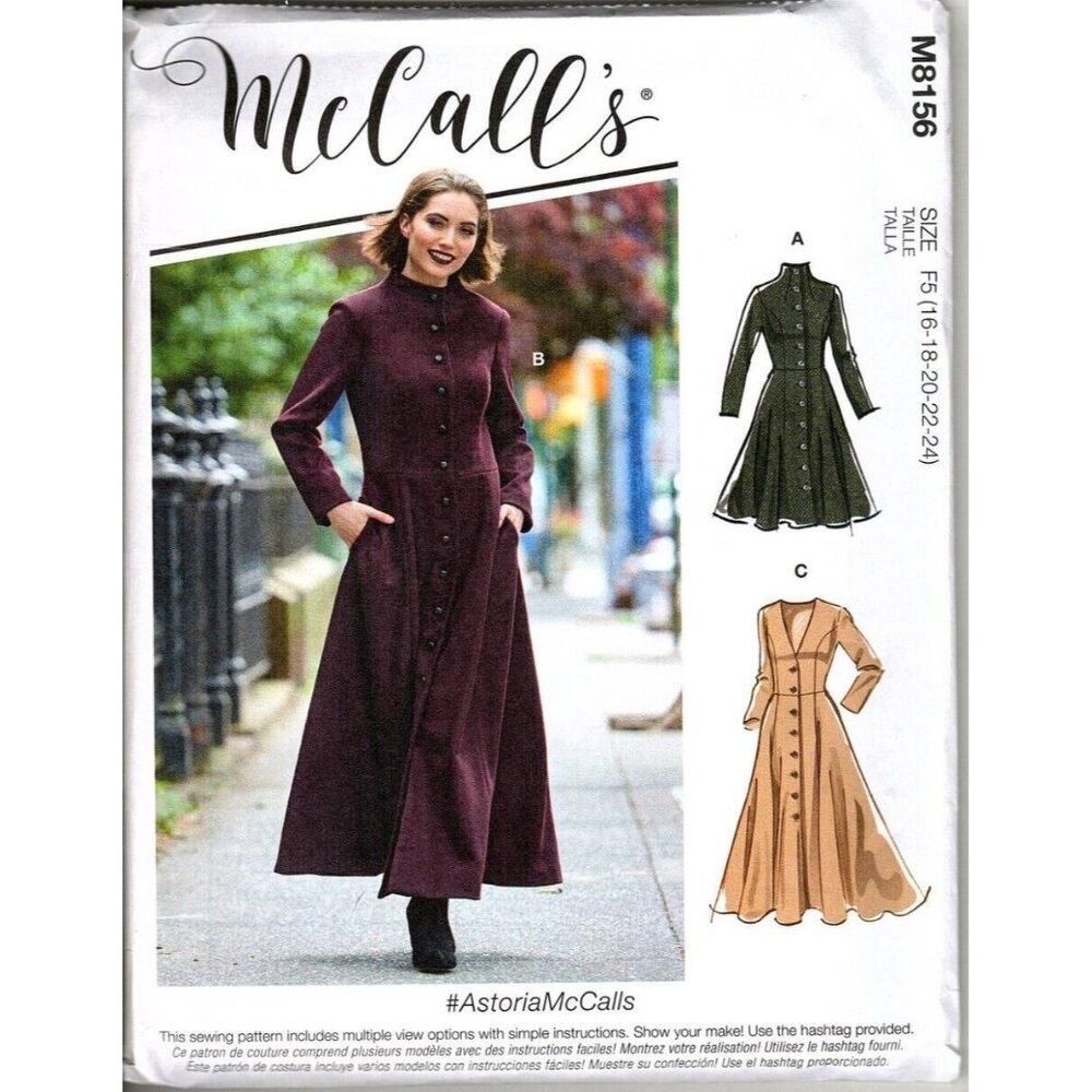 McCalls M8156 Misses 16 to 24 Fitted and Flared Full Length Coat Sewing Pattern